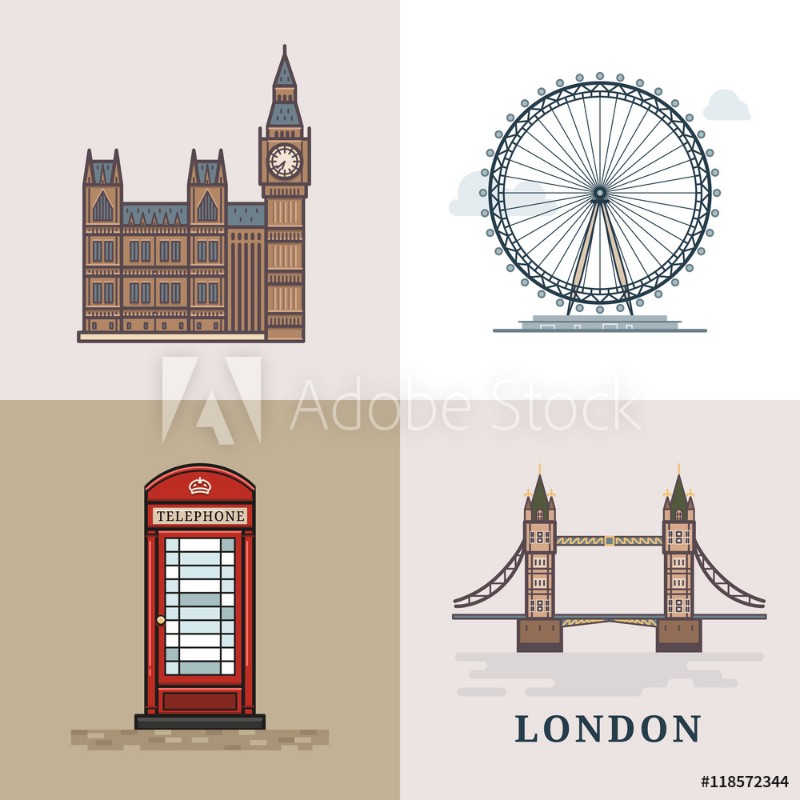 Afbeeldingen van Flat modern vector London the capital of Great Britain with Big Ben bridge telephone and London Eye Line art vector background